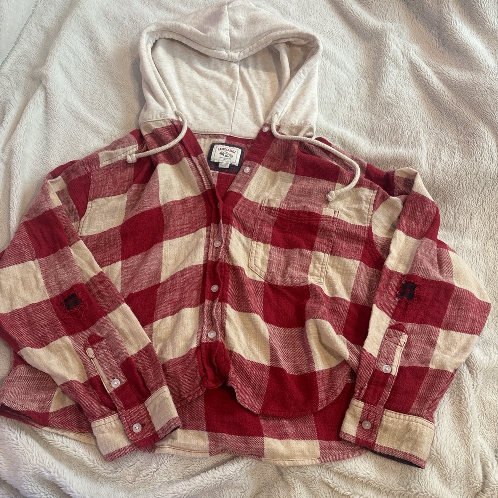 American Eagle Outfitters Red and White Plaid Women’s Hoodie Shirt
